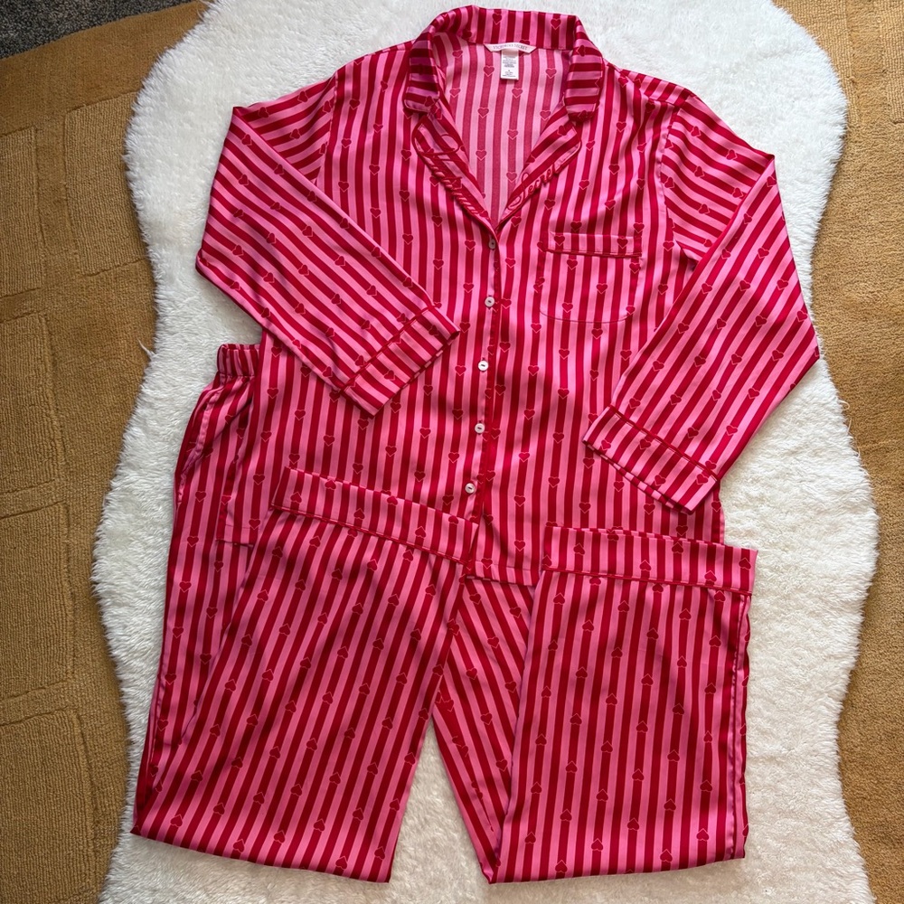 Victoria’s Secret pink red stripe heart long sleeve pant satin pajama set